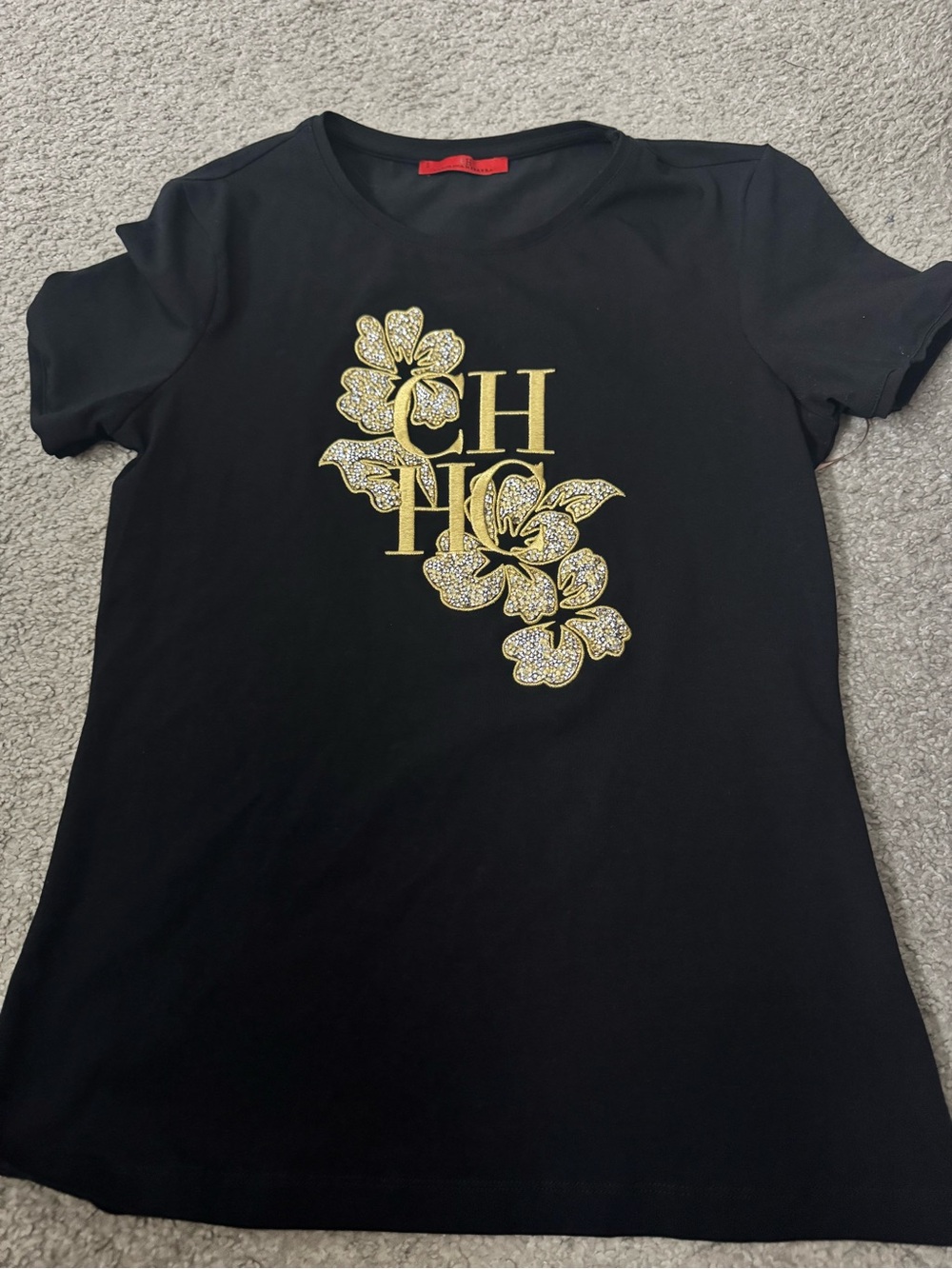 Carolina Herrera Black Short-Sleeve Tee with Gold Floral CH Logo